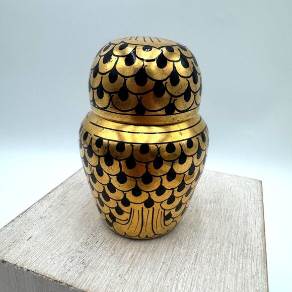 Vintage Hand Painted Burmese Gold & Black Lacquerware Owl Trinket Boxes delicate - Picture 5 of 12